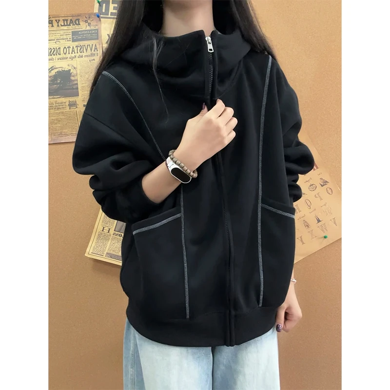 黑色重磅拉链开衫卫衣男秋季设计感休闲百搭宽松连帽衫情侣装外套