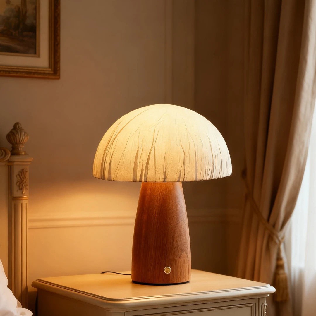 原木蘑菇灯法式奶油风台灯主卧床头柜高级感简约浪漫充电小夜灯