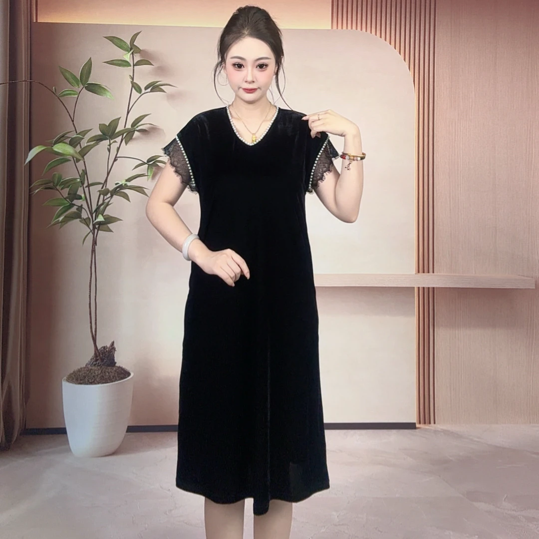 2025夏季新款圆领丝绒珍珠领口连衣裙气质显瘦洋气宽松#60052