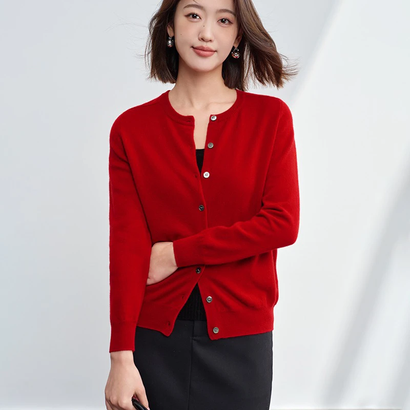 新年红开衫100%山羊绒开衫女短款织针外套百搭修身长袖开衫