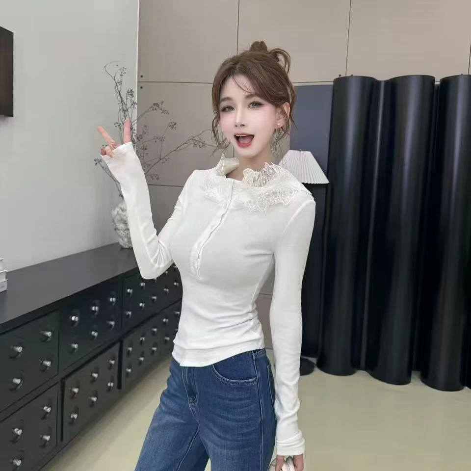 限量【千娇百媚】新季“水溶蕾丝”花边领polo内加绒上衣