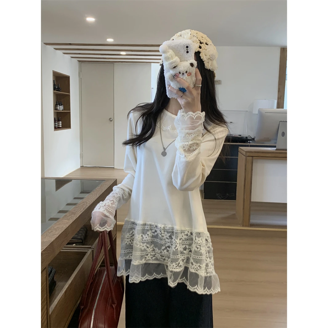蕾丝花边领针织春秋显瘦打底衫白色内搭上衣