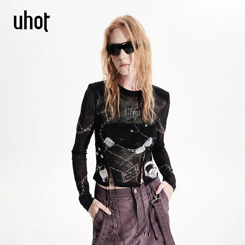 uhot 黑白色印花长袖修身上衣女镂空显瘦百搭 UWWS2N078