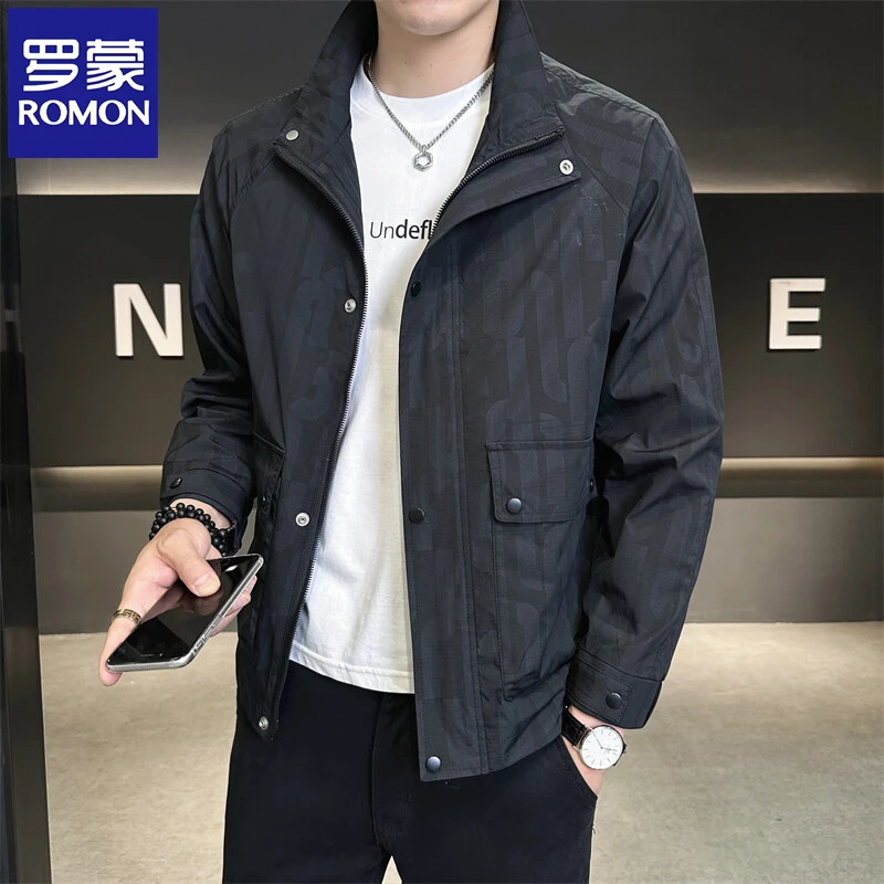 Romon/罗蒙春秋季立领夹克男士外套新款棒球服潮牌印花工装上衣服