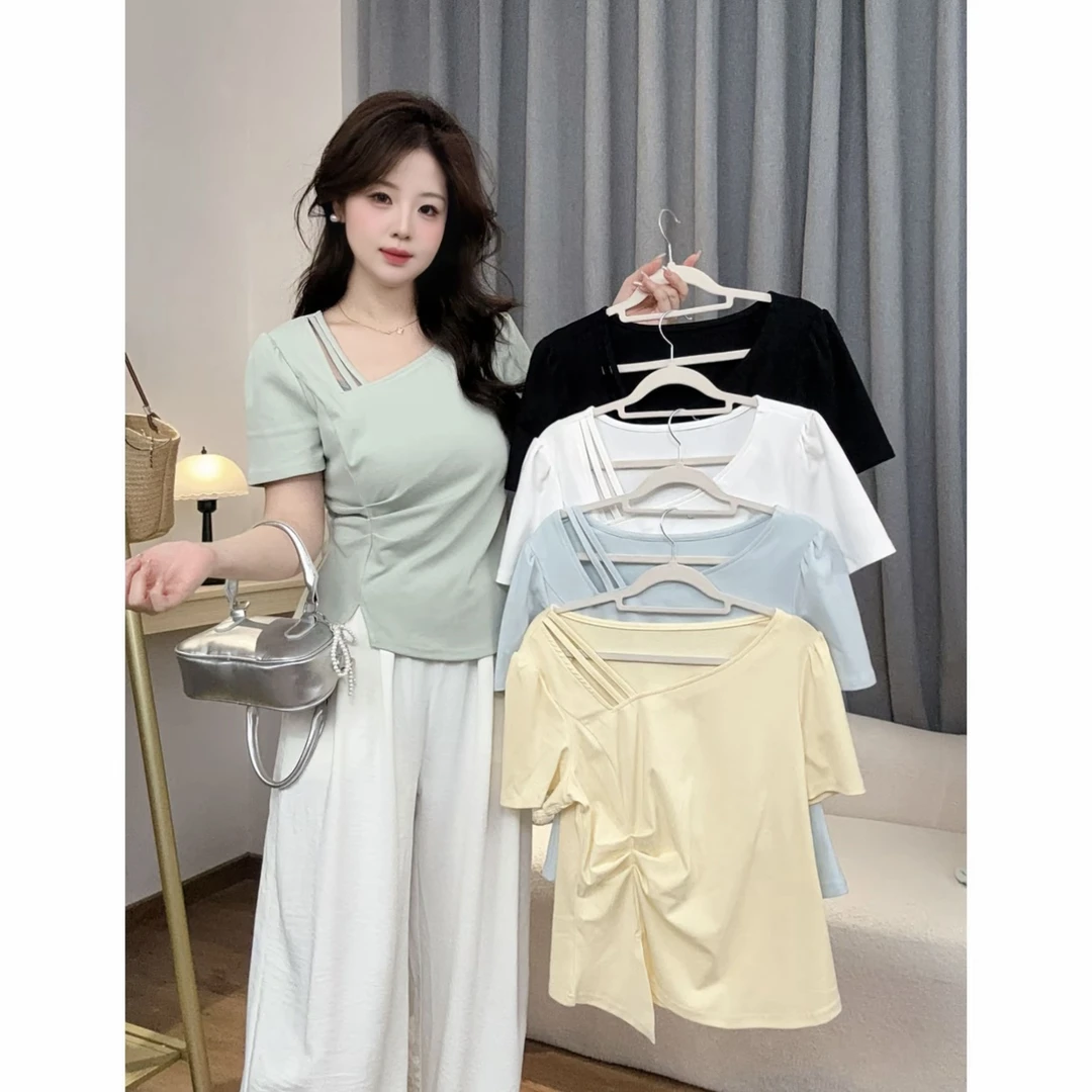 夏季新款大码胖mm宽松正肩捏褶不规则T恤镂空设计感斜领上衣女