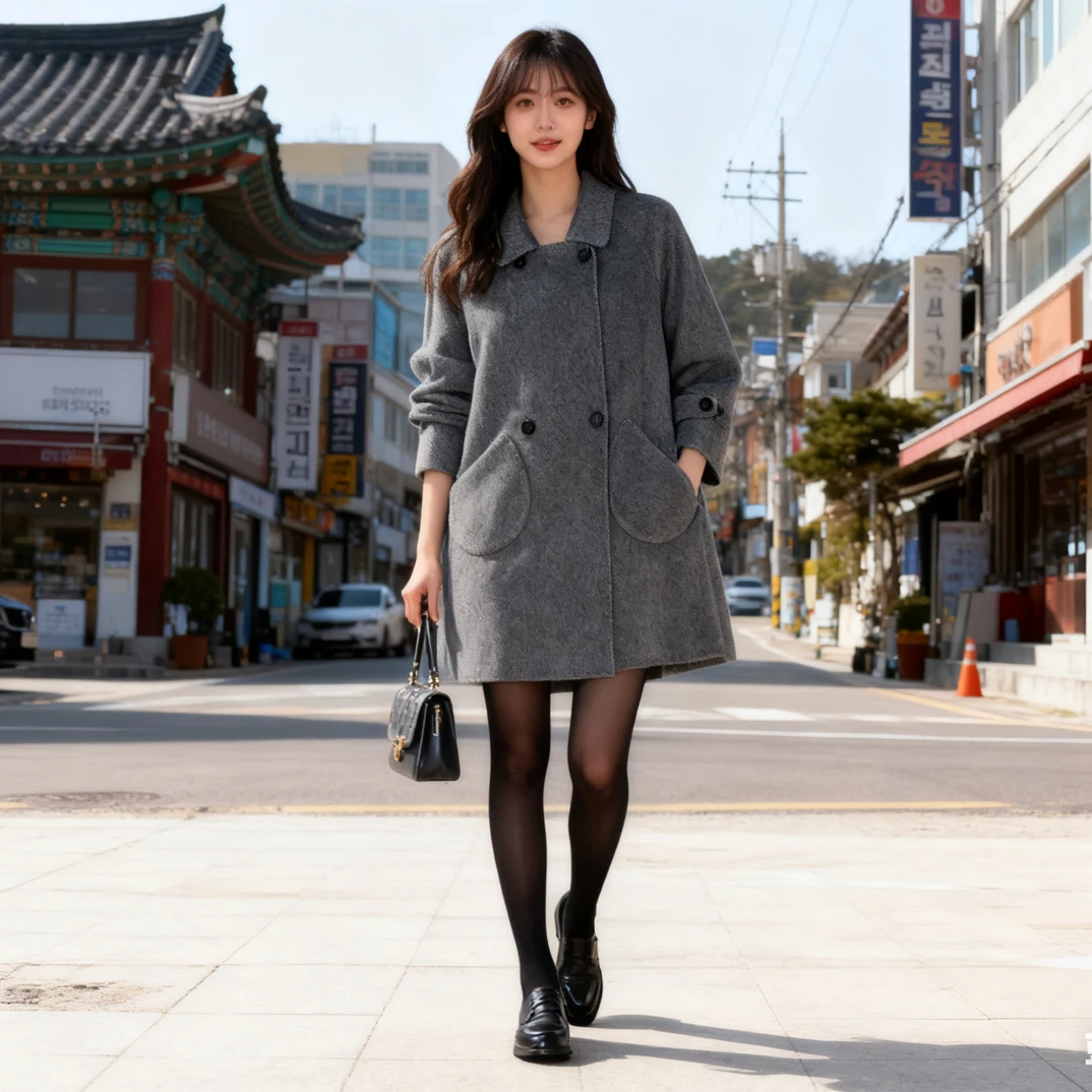 秋冬韩系小个子中长款100毛双面呢娃娃领显高气质大衣