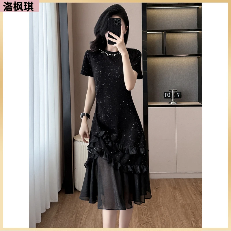 I法式网纱拼接连衣裙收腰显瘦夏季新款感时尚钉珠不规则鱼尾裙l
