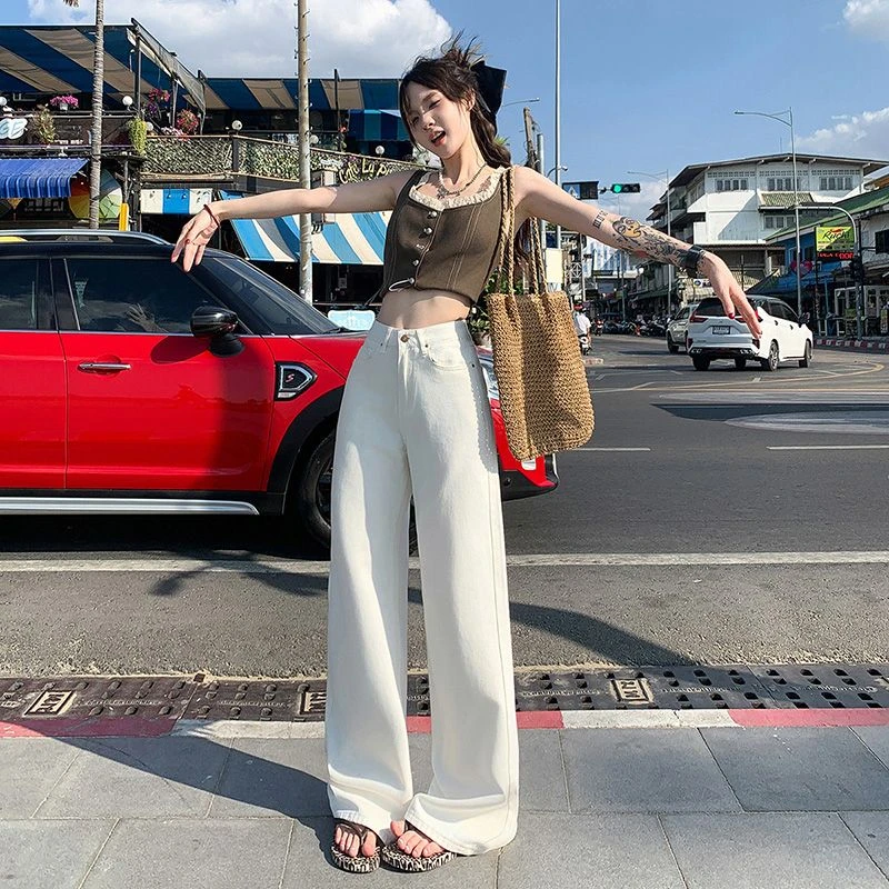 春款白色6089#小个子高腰窄版阔腿牛仔裤女新款百搭宽松显瘦直筒