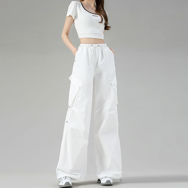 白色酷飒风工装裤女2025夏季新款高腰显瘦超火美式冰丝速干阔腿裤