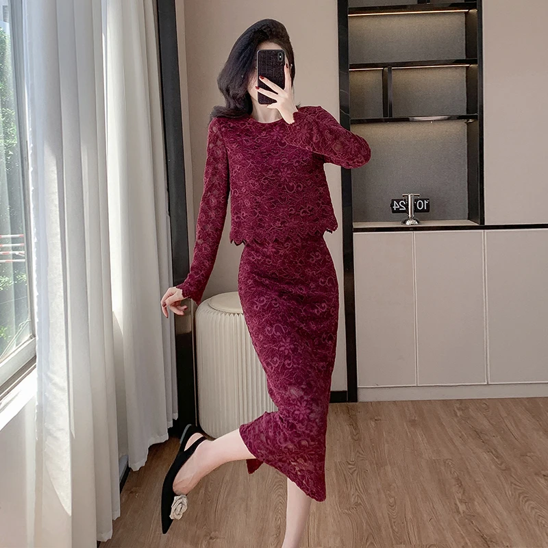 十三行品质 两件套植绒蕾丝钩花上衣长裙直筒裙半身裙套装2025