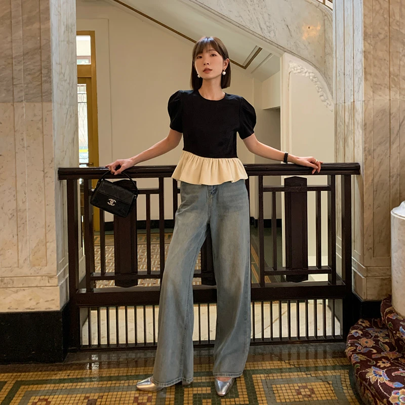 夏法式赫本风优雅气质收腰泡泡袖上衣女S1185