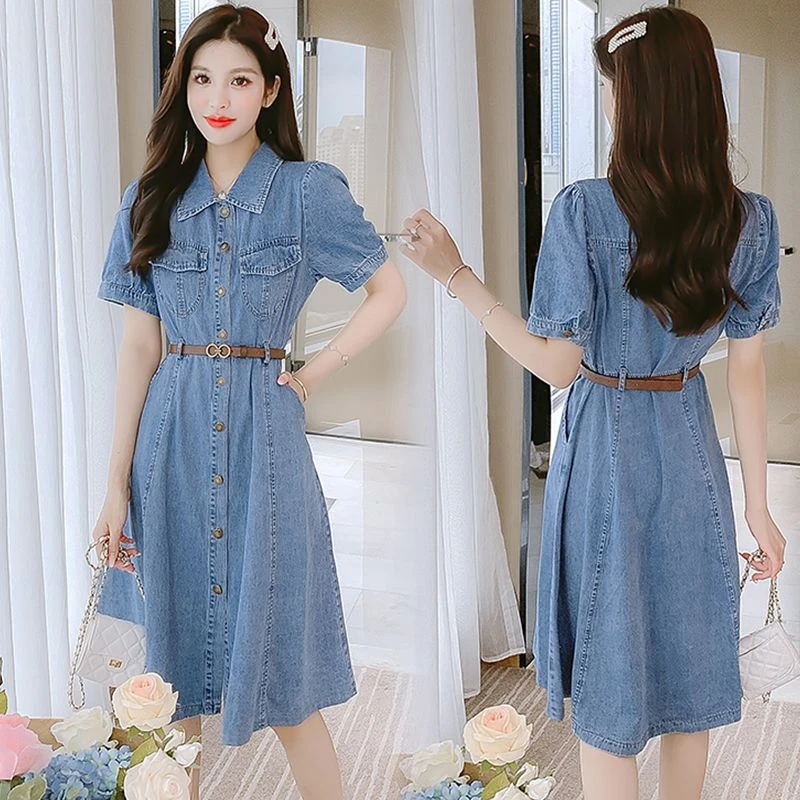 洋气显瘦裙子中长款连衣裙系扣短袖女装高夏季时尚收腰修身显瘦裙