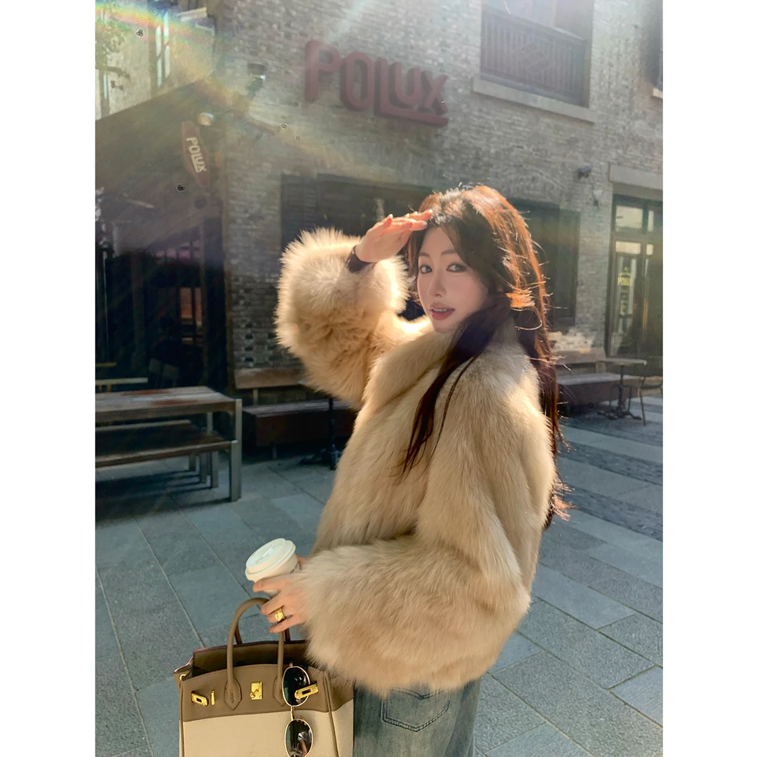 整皮狐狸毛皮草外套女立领短款腹毛显瘦毛毛大衣冬新款24232