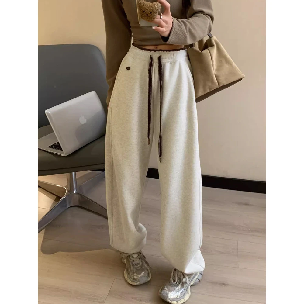 韩系雪地束脚裤女2024新款冬季加绒加厚撞色高腰卫裤宽松休闲裤子