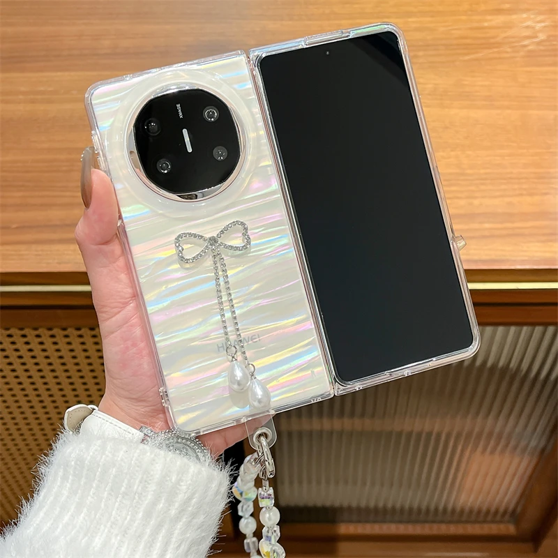 适用华为MateX6手机壳拉丝贝壳纹MateX5折叠屏蝴蝶结吊坠女保护套