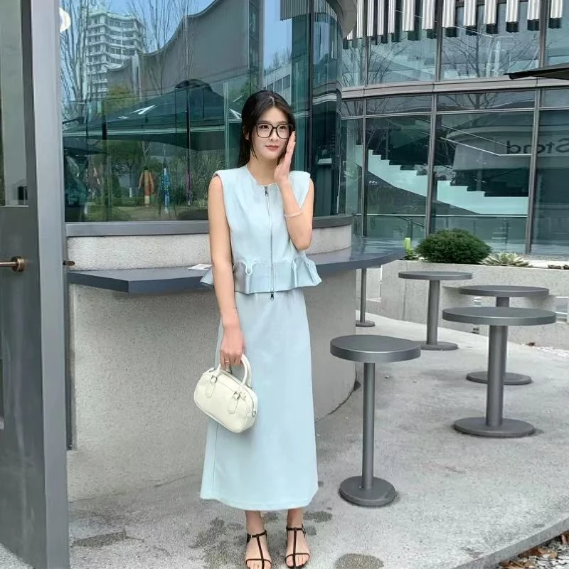 新款气质无袖减龄马甲上衣+显瘦半裙通勤风时尚套装