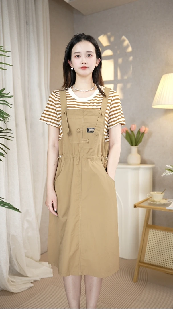 假两件拼接条纹连衣裙女2025夏季新款时尚休闲宽松减龄显瘦中长裙