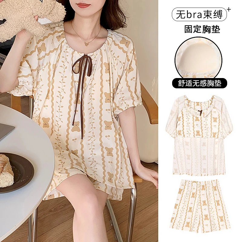 夏季睡衣女爆款带胸垫短袖短裤云朵棉夏天薄款甜美可爱宽松家居服