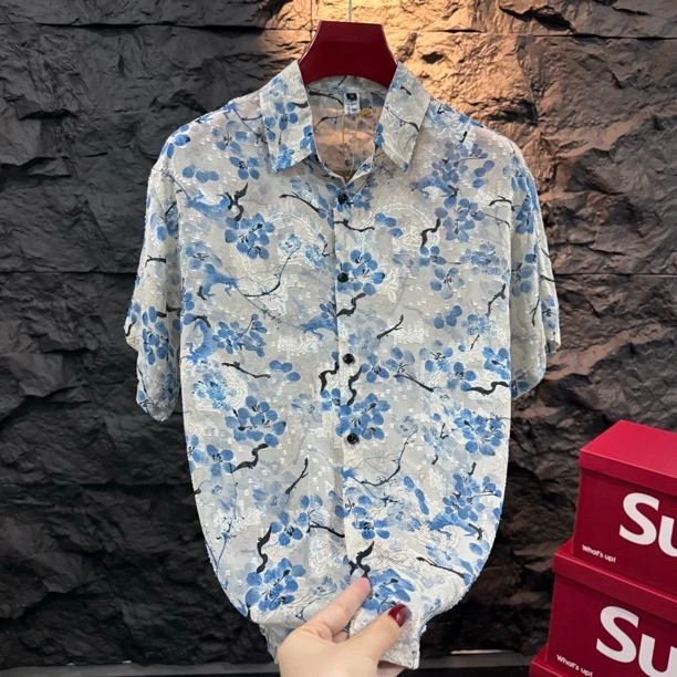 男士夏季时尚超薄舒适透气大码衬衫薄款宽松上衣ins衬衣韩版休闲