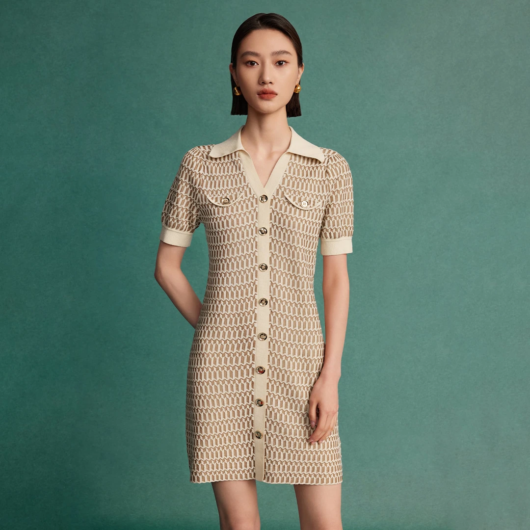 【薇薇专属】复古优雅连衣裙女春季V型polo领印花针织裙M538203742