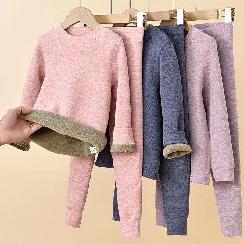 儿童秋季加绒套装男女童加绒加厚套装冬季新款儿童德绒发热衣两件