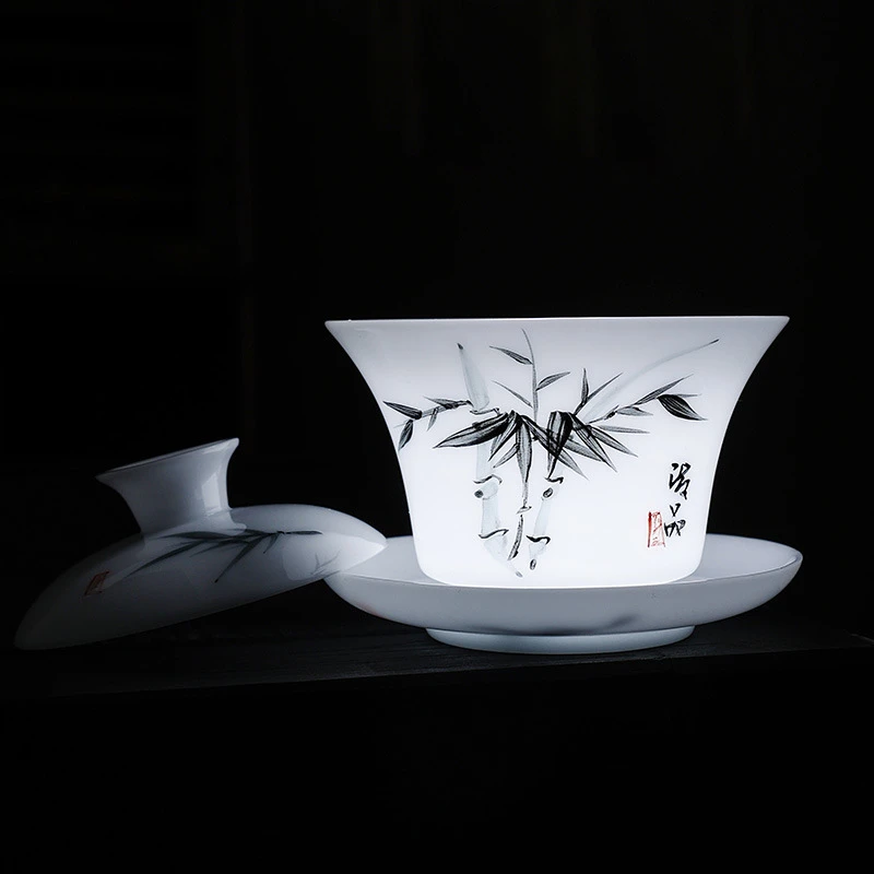 德化冰种玉瓷手绘三才盖碗家用功夫泡茶敬茶碗