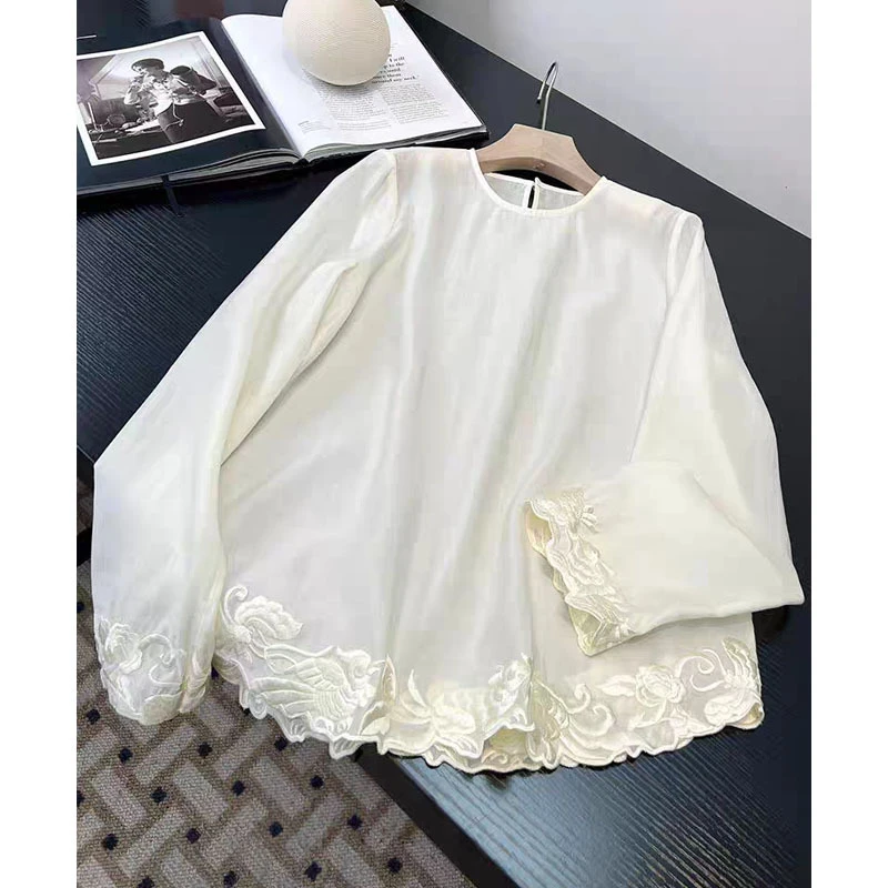 新中式国风刺绣衬衫女2025春秋新款复古唐装百搭气质圆领长袖上衣