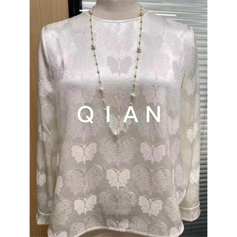 QIAN【上久楷·黑金蝴蝶·白】100%桑蚕丝重磅真丝 长袖