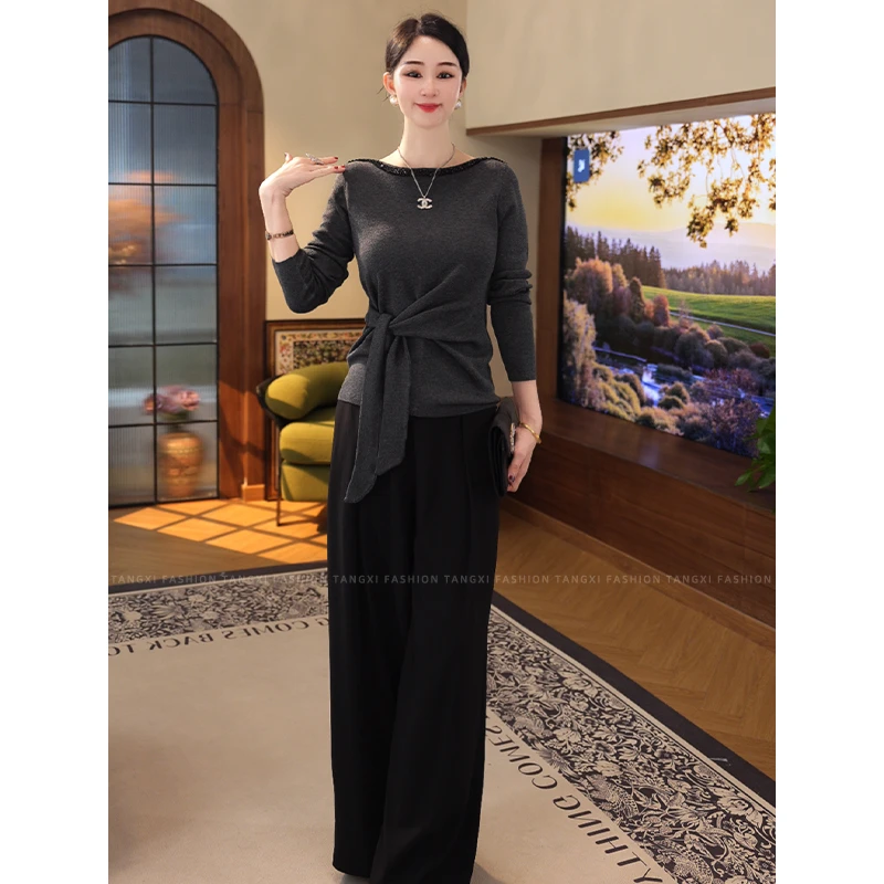 2026年秋冬新款【8024】含绵羊毛优雅修身复古长袖灰色圆领针织上