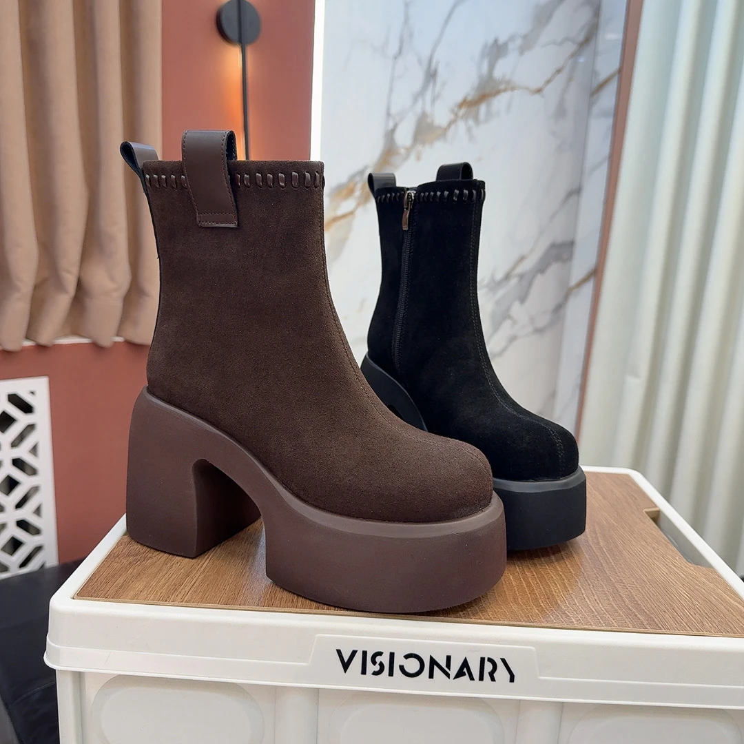 秋冬显脚小女士短筒靴女鞋马丁靴高跟冬季靴子厚底2516-7