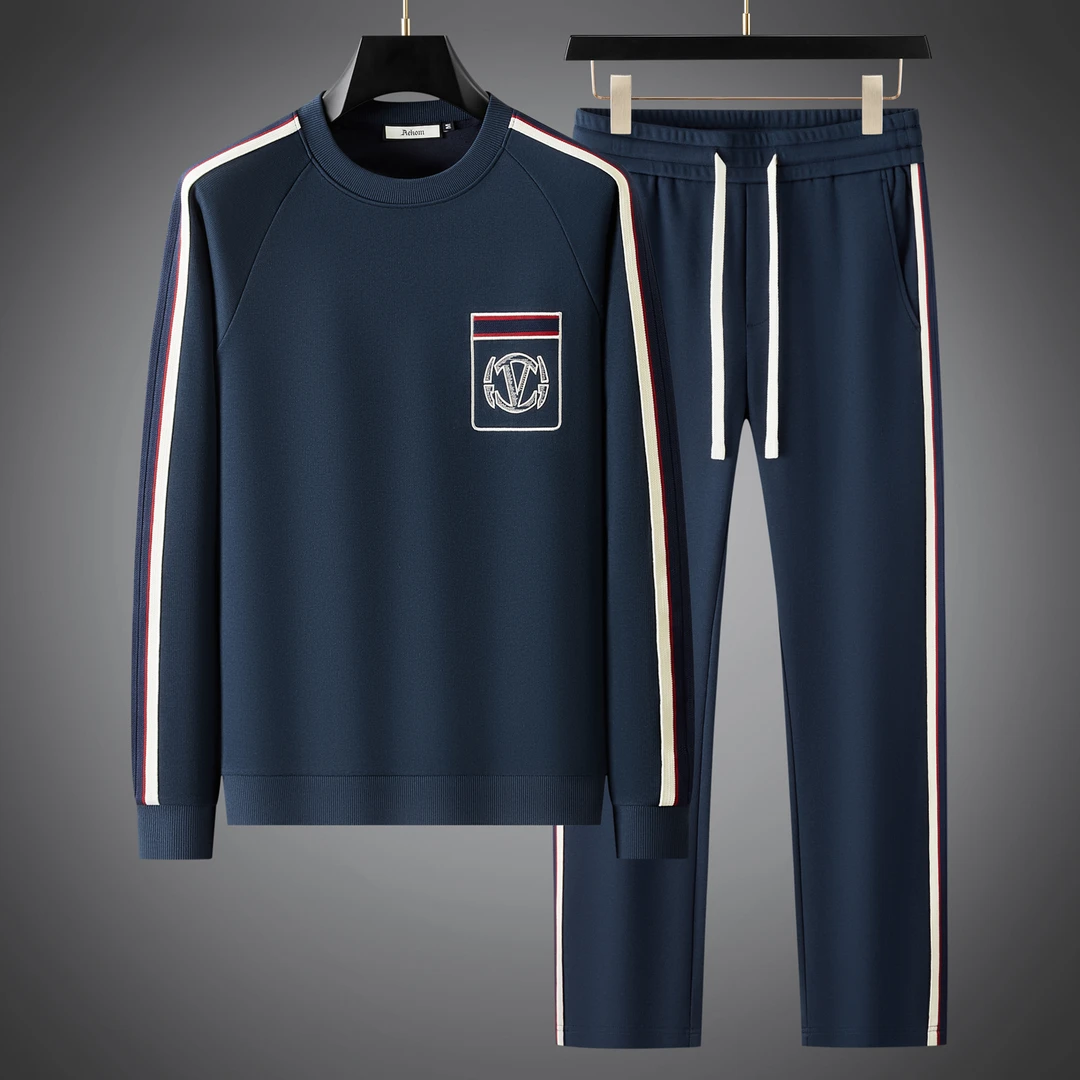 秋冬高端棉混纺休闲套装男士潮流织带撞色圆领时尚卫衣运动两件套