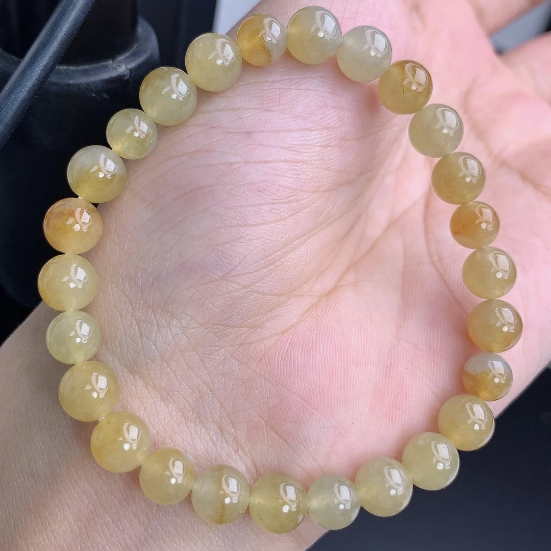 缅甸A货翡翠黄翡桂花糕洒金花圆珠手链手串单圈T卡7mm