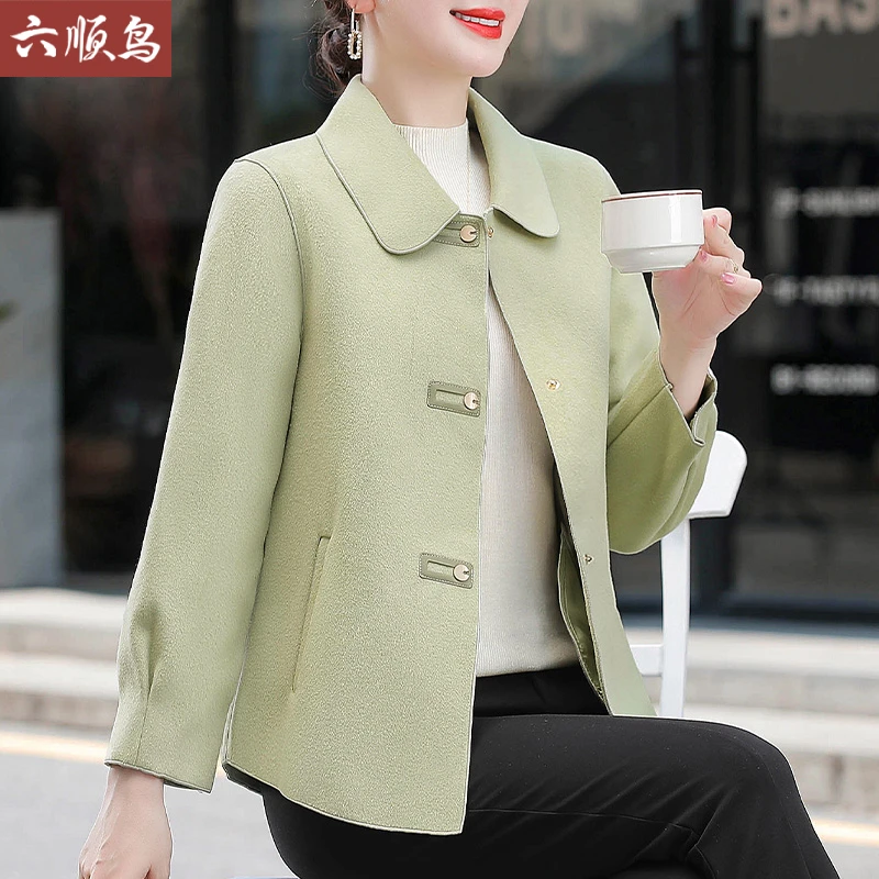妈妈春秋毛呢外套短款气质上衣小个子中年妇女春装高端双面呢大衣