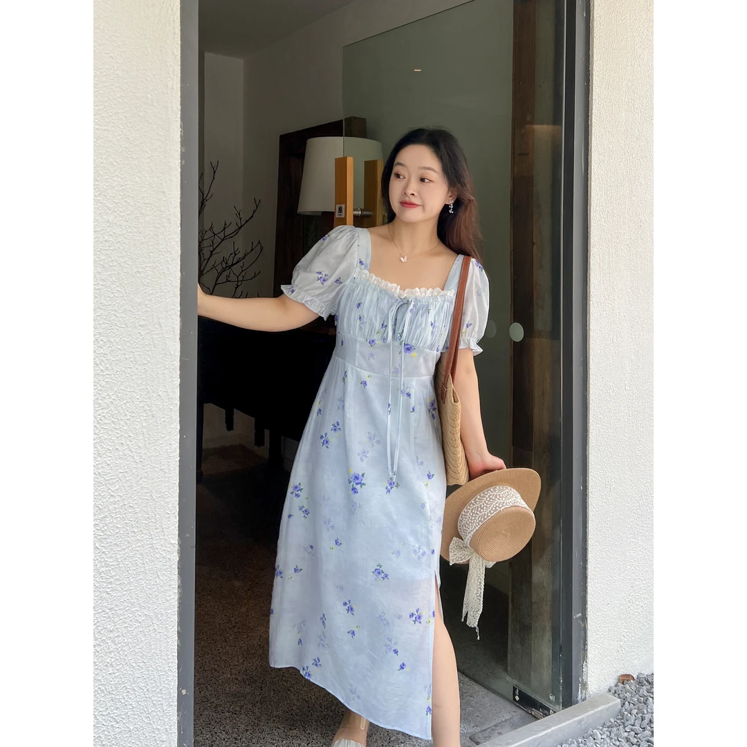 大码百分百女装碎花抽绳方领连衣裙1008