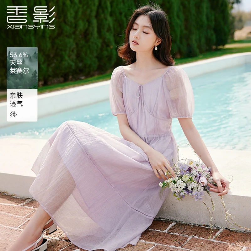 L85S385连衣裙 香影系带方领连衣裙女夏季新款中长款短袖收腰裙子