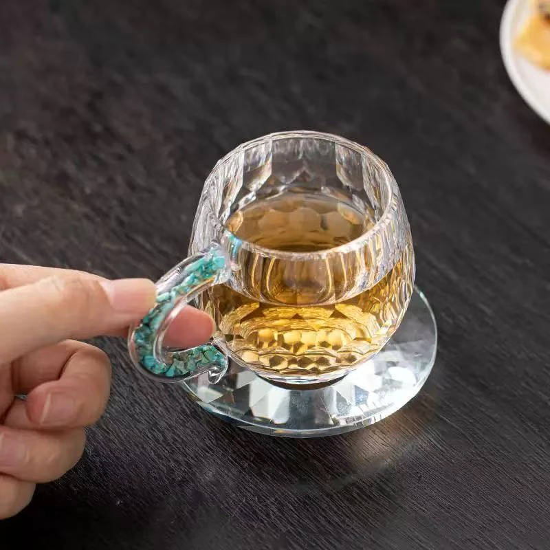 绿松石磨切水晶玻璃把手创意家用主人杯品茗杯