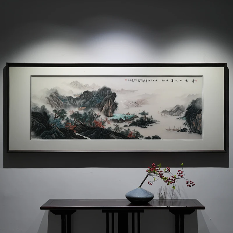 新中式奇秀山川苏绣横版挂画书房山水画客厅背景墙手工刺绣装饰画