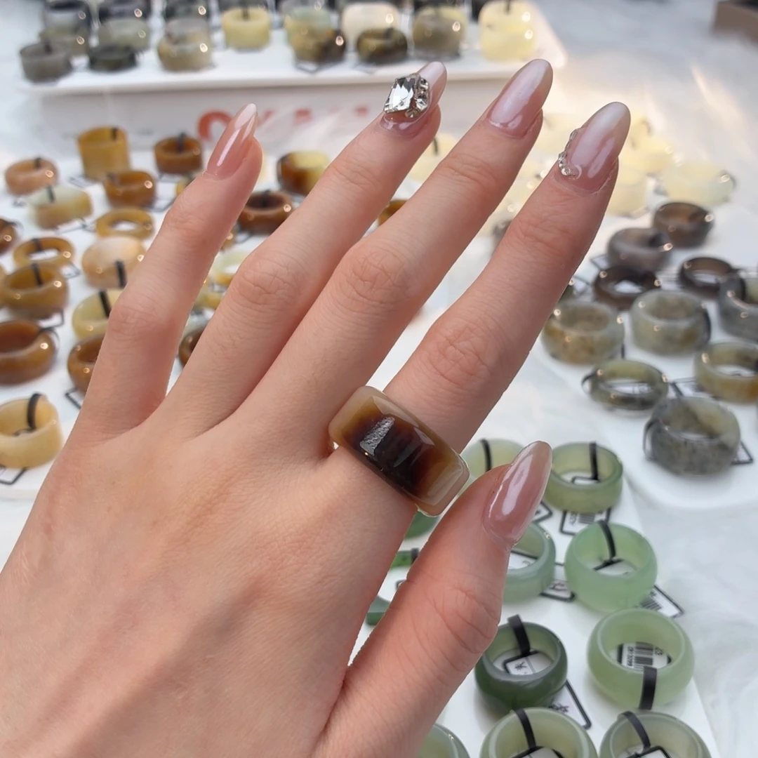 和田玉（糖玉）未镶嵌戒指z61半口焦糖圆切18.0