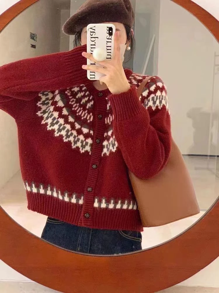 【商场同款 重工加厚】100羊绒圆领开衫女费尔岛提花针织慵懒风外套