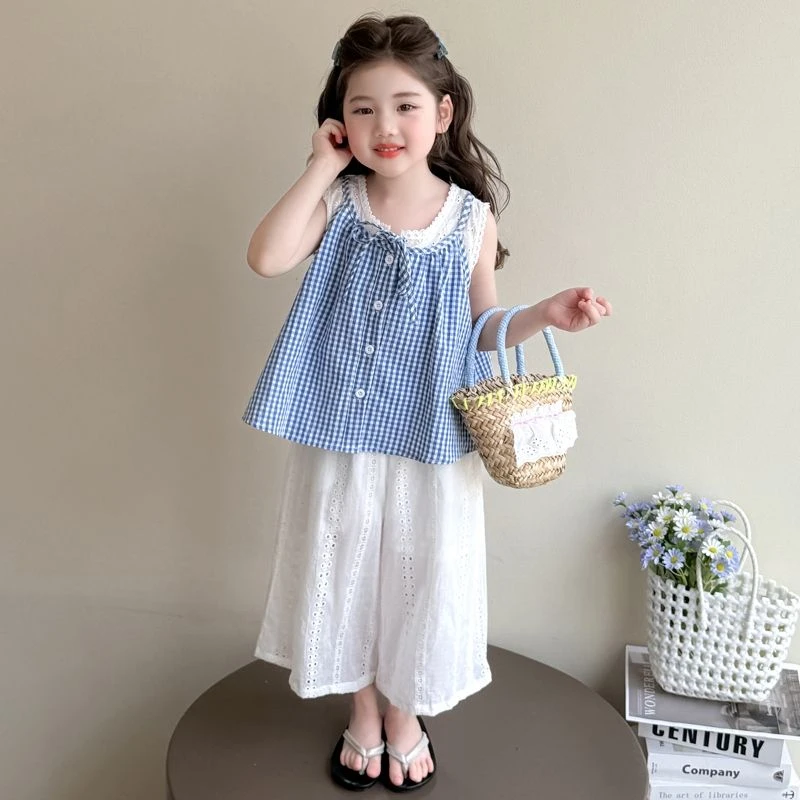 女童夏装气质套装2025新款儿童格纹小女孩夏季薄款娃娃衫韩版潮装