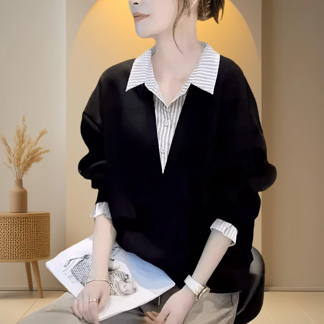 春秋新款老钱风松弛感女装贵气假两件拼接设计感流行时尚女装衬衫