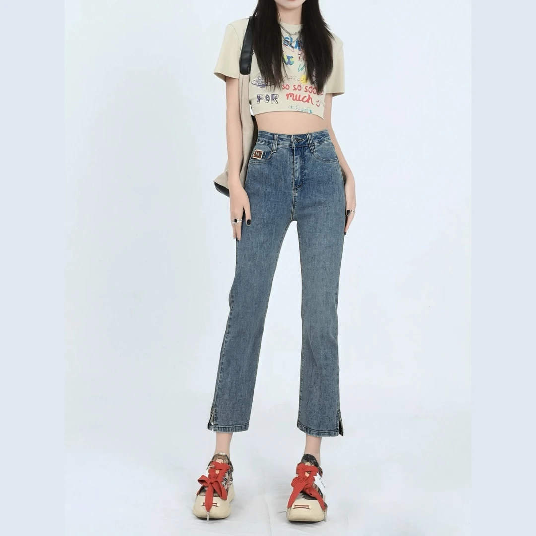 2416裤长88直筒开叉牛仔裤女春夏高腰显瘦显高小个子八九分烟管裤