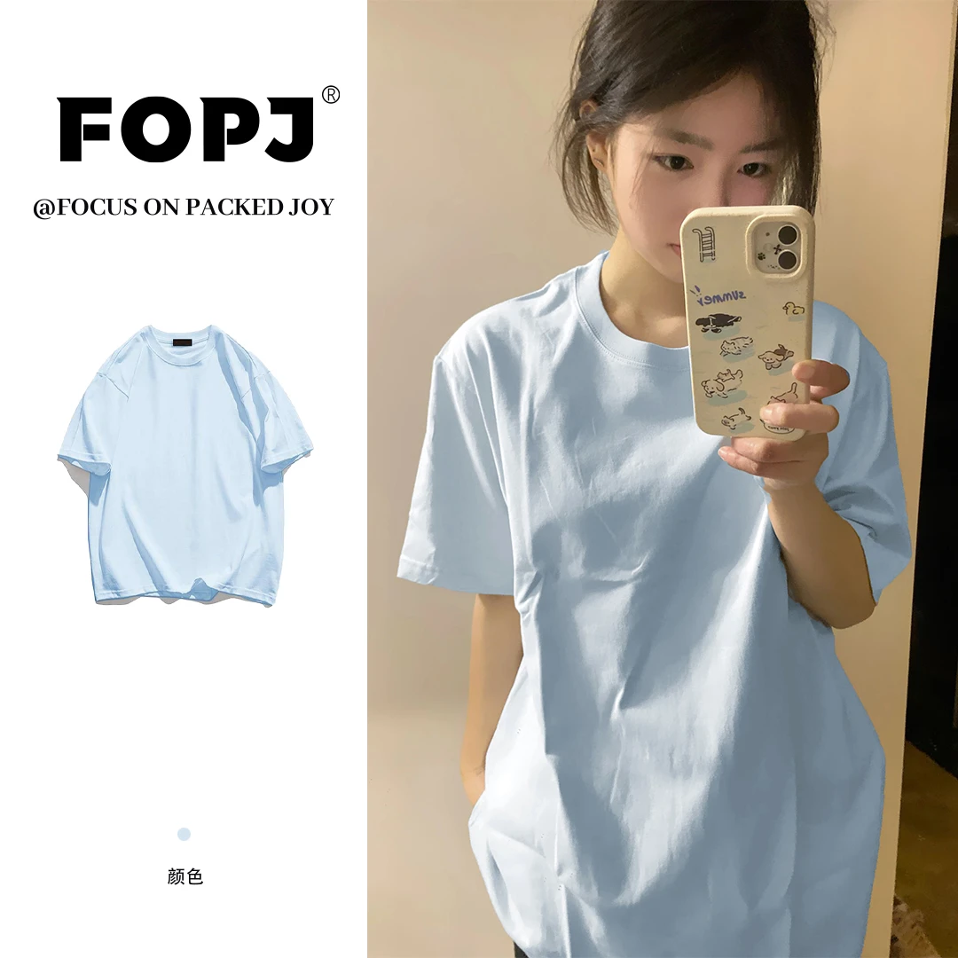 FOPJ夏季简约男女同款纯棉宽松短袖t恤纯色休闲百搭圆领半袖上衣