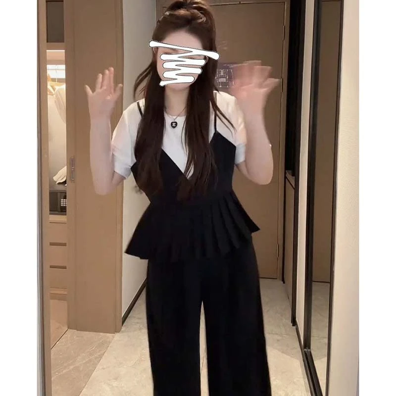 【两件套】大码女装黑色假两件上衣+阔腿裤夏季巨显瘦套装D2314
