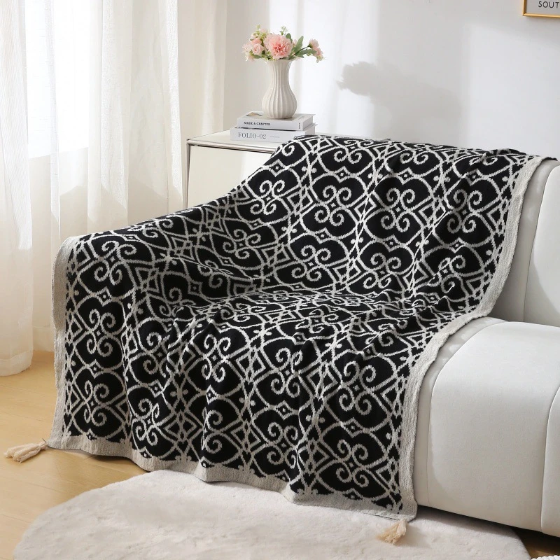 （牵牛花）针织毛线毯复古客厅沙发毯办公室午休毯子午睡毯黑色盖毯