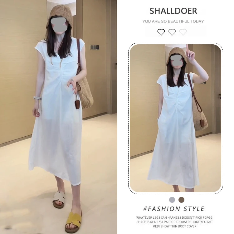 法式气质V领无袖连衣裙女2026夏季新款半拉链收腰显瘦中长款裙子