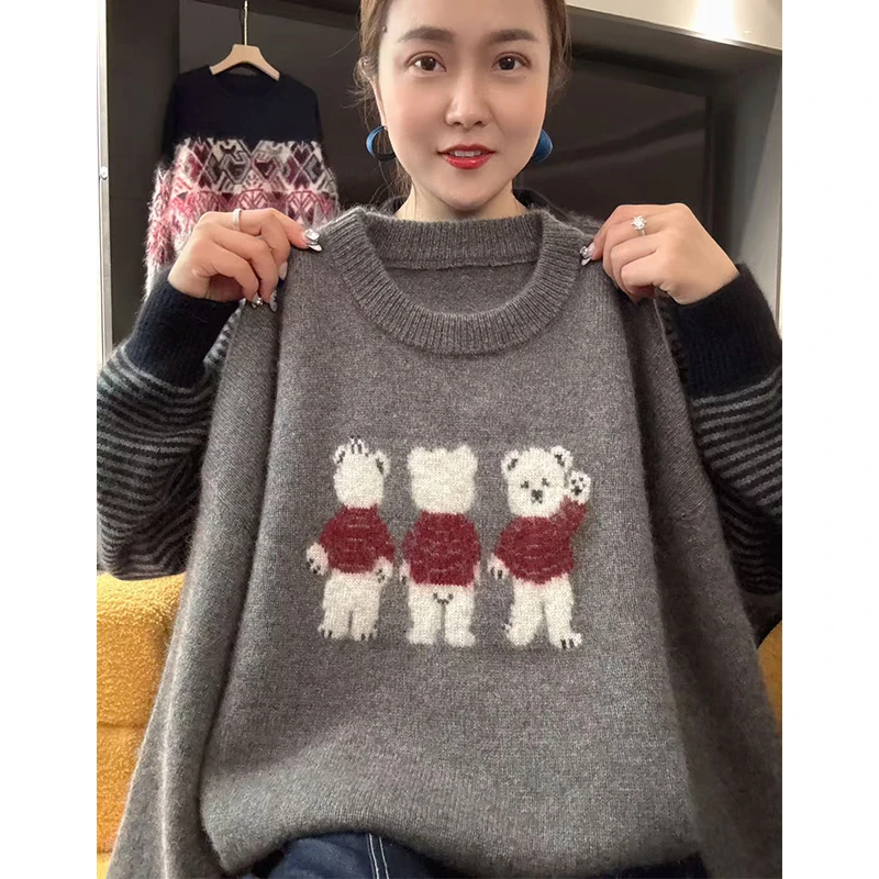 拜拜熊」敲可爱~冬季圆领卡通小熊针织衫时尚休闲套头毛衣-5635