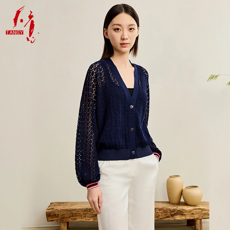 TANGY/天意2025春季欧若新中式简约时尚女士撞色针织外套WD251321