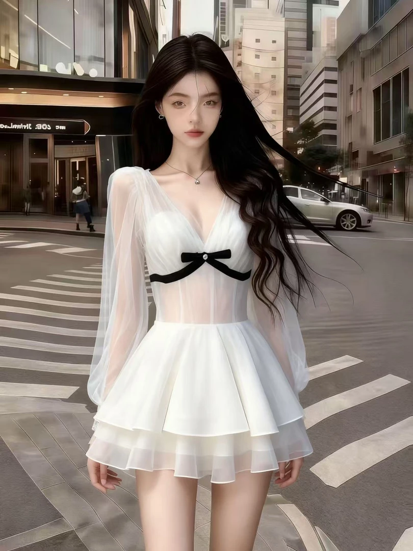 2025秋冬季静奢纯欲气质白色网纱V领长袖收腰小众性感A字裙连衣裙