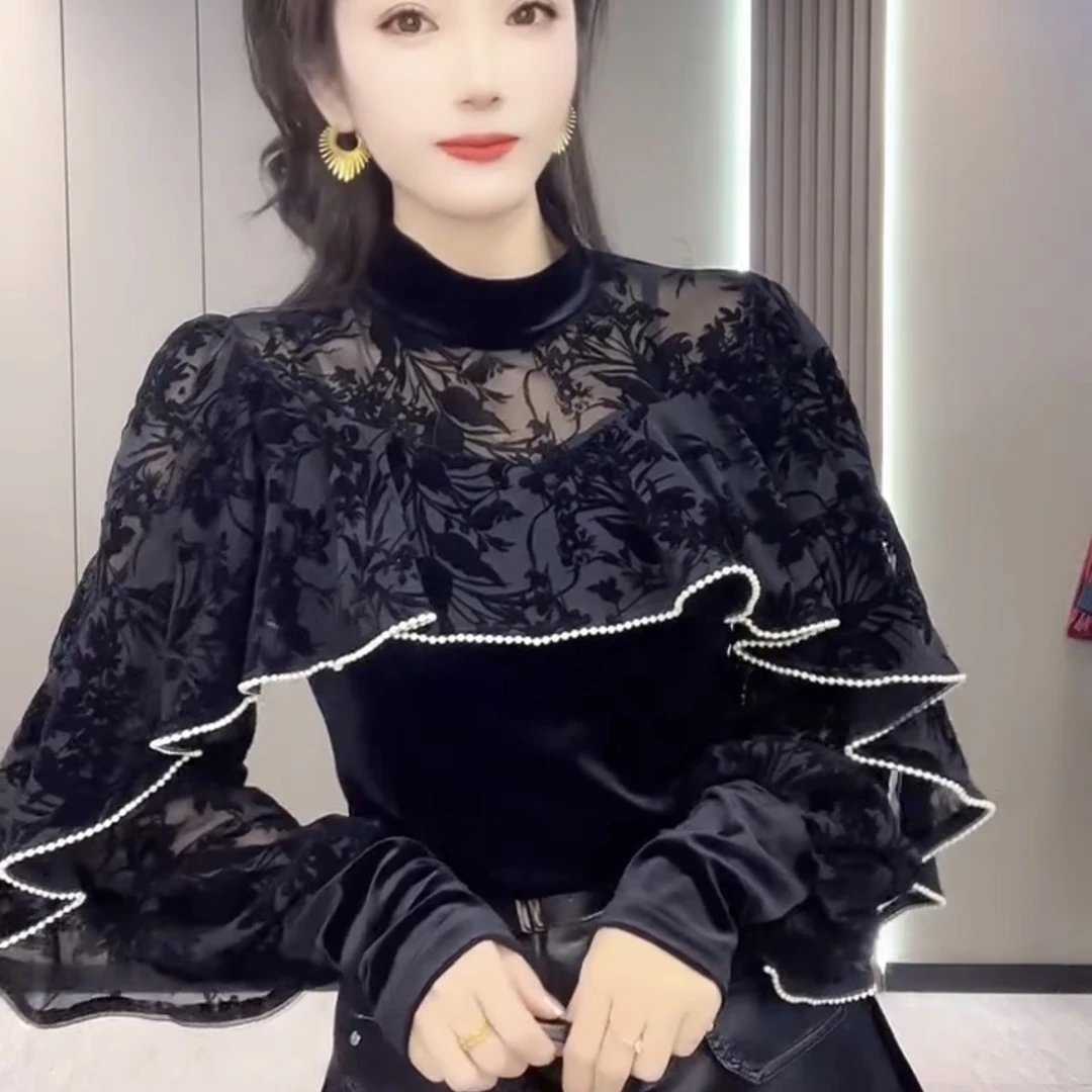 长袖女荷叶边宽松型拼接法式T恤ins网红显瘦